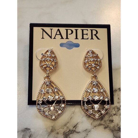 Napier Jewelry - Napier Gold Tone Crystal Teardrop Dangle Earrings Filigree Design & Post Backs